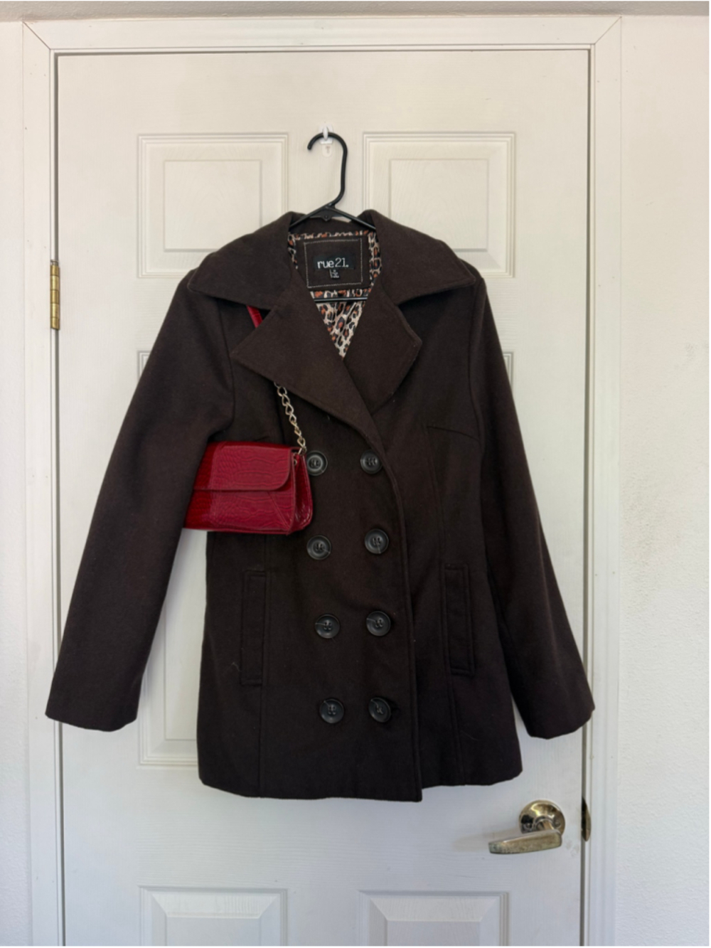 rue21 Black Double-Breasted Peacoat with Leopard Print Lining - Size M